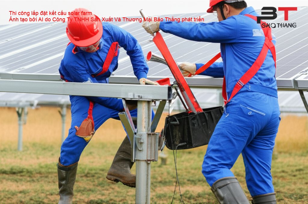 Công nhân thi công lắp đặt kết cấu solar farm theo đúng quy trình kỹ thuật.