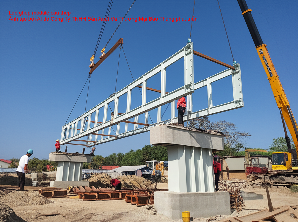 Lắp ghép module cầu thép tại công trường