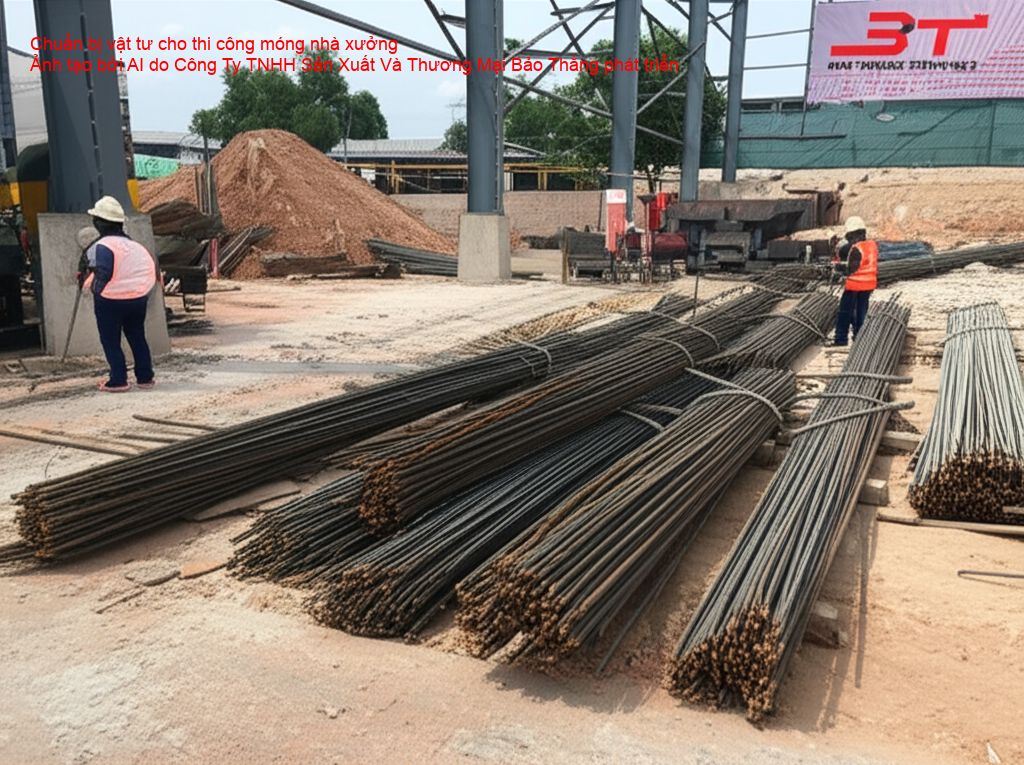 Công nhân chuẩn bị vật tư thi công móng