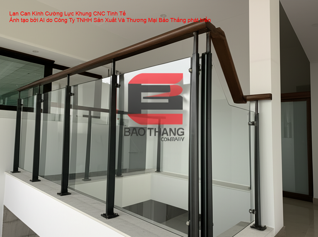 Lan can kính cường lực, khung kim loại CNC, thiết kế lan can tinh tế, Bảo Thắng lan can